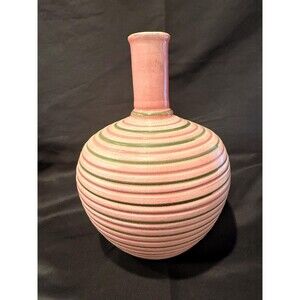 Mid Century Studio Pottery Lamp Base Pink Green Striped Ceramic
